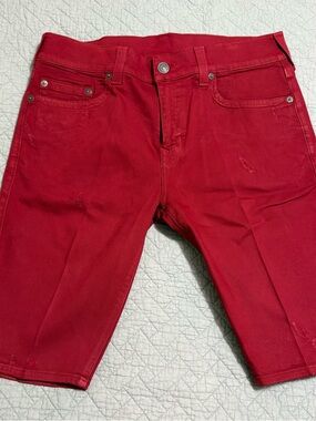 True Religion Ricky Shorts Mens 36 Red Relaxed Straight Distressed Denim Jean